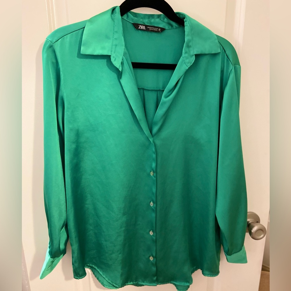 Zara Satin Effect Shirt Green XS Button Down